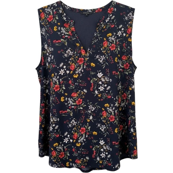 Papermoon Tops - Papermoon‎ Floral Tank Top Womens 3X Navy Blue Sleeveless Split V-Neck PTX4160-F